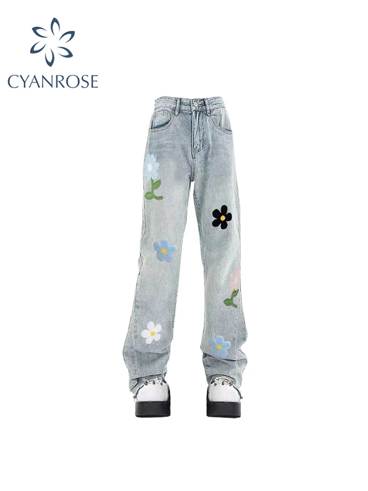 

Women's Baggy Blue Jeans Vintage High Waist Denim Trousers 2000s Korean Y2k 90s Embroidery Wide Cowboy Pants Grunge Clothes 2023