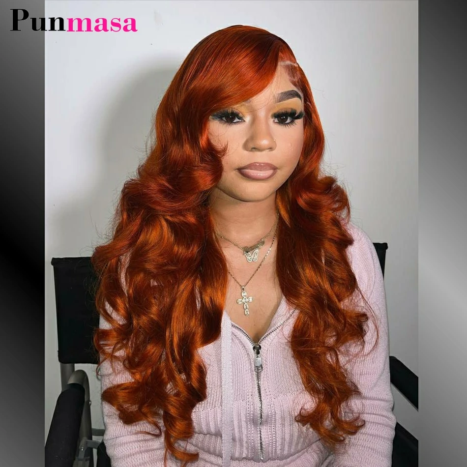 

36 Inch 200% Brazilian Body Wave Orange Red Colored 13x6 Transparent Lace Front Wig PrePlucked 13x4 Lace Frontal Wigs For Women