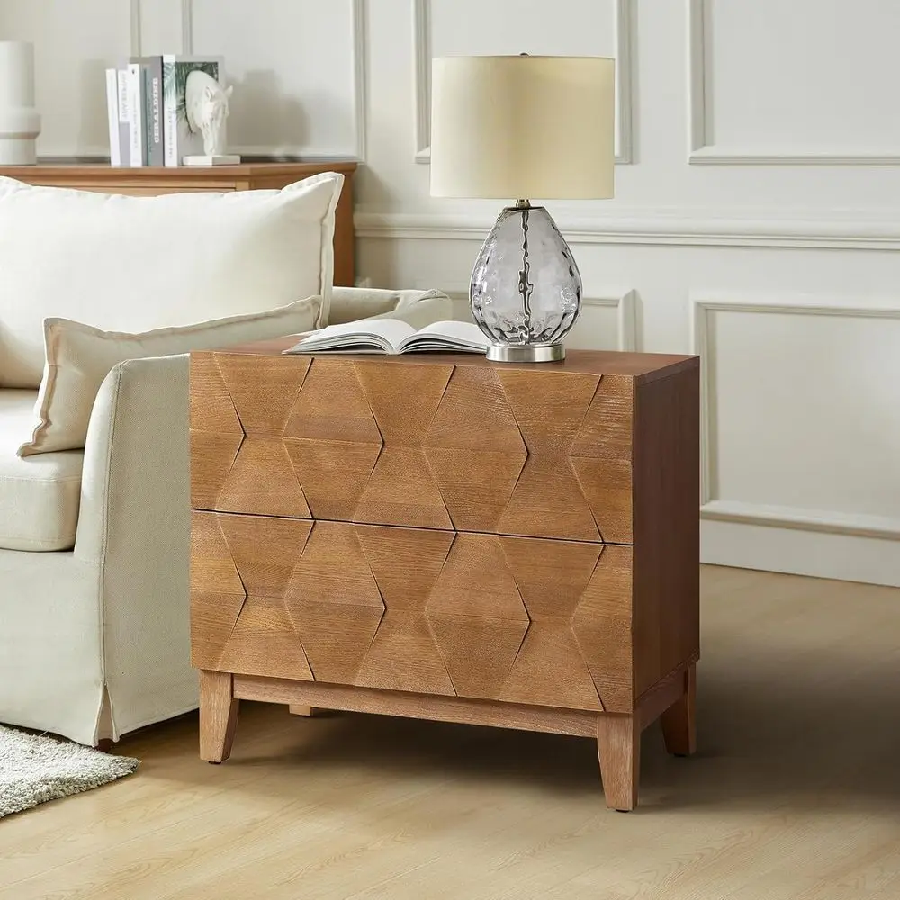 

End Table with Charging Station, 2 Drawers Side Table with Solid Wood Legs