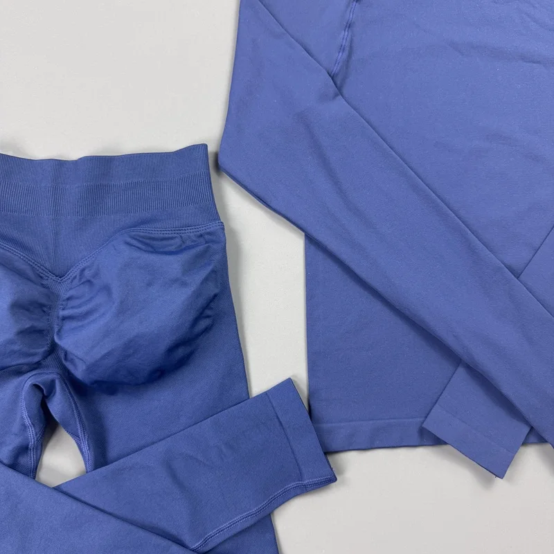 2-teiliges Gym-Set für Damen: Rundhals-Shirt mit Daumenlöchern, Langarm, Slim Crop Shirt, Scrunch Butt Leggings, Dehnbarer Weicher Yoga-Pilates-Anzug – Detail 9