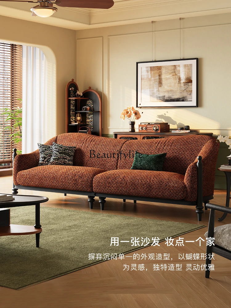 

01French retro solid wood fabric sofa medium and antique small apartment