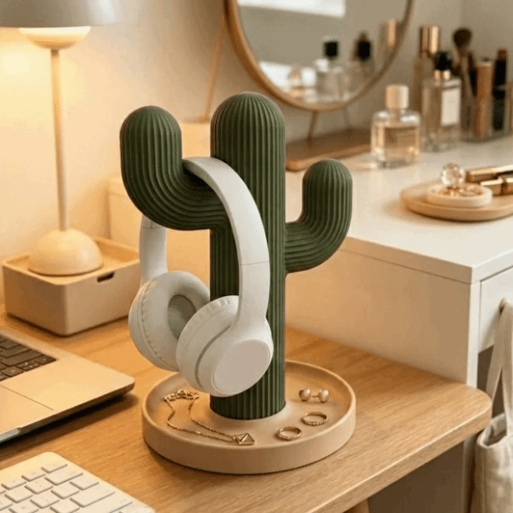Green Cactus Storage Ornament Multi-Functional 3D Printed Earphone Watch Holder Dorm Decor Simple Headphone Stand Bedroom