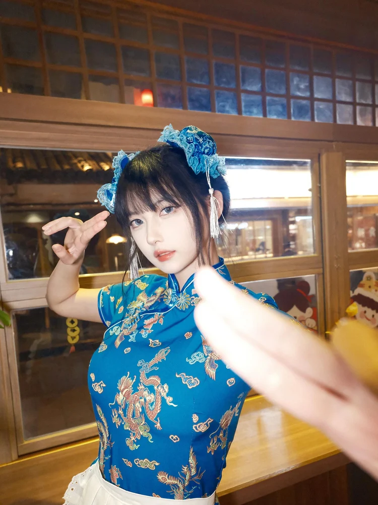 فستان تشيونغسام صيني، زي تنكري للهالوين وعيد الميلاد، زي خادمة ناعم للفتيات، زي يومي بأكمام قصيرة من مواد أخرى #1