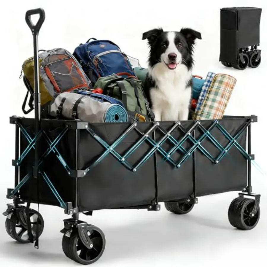 

Foldable Extra Long Heavy Duty Utility Wagon Cart with Wheels for Camping Shopping Sports Beach Garden - Black 48 L 440lbs Capa