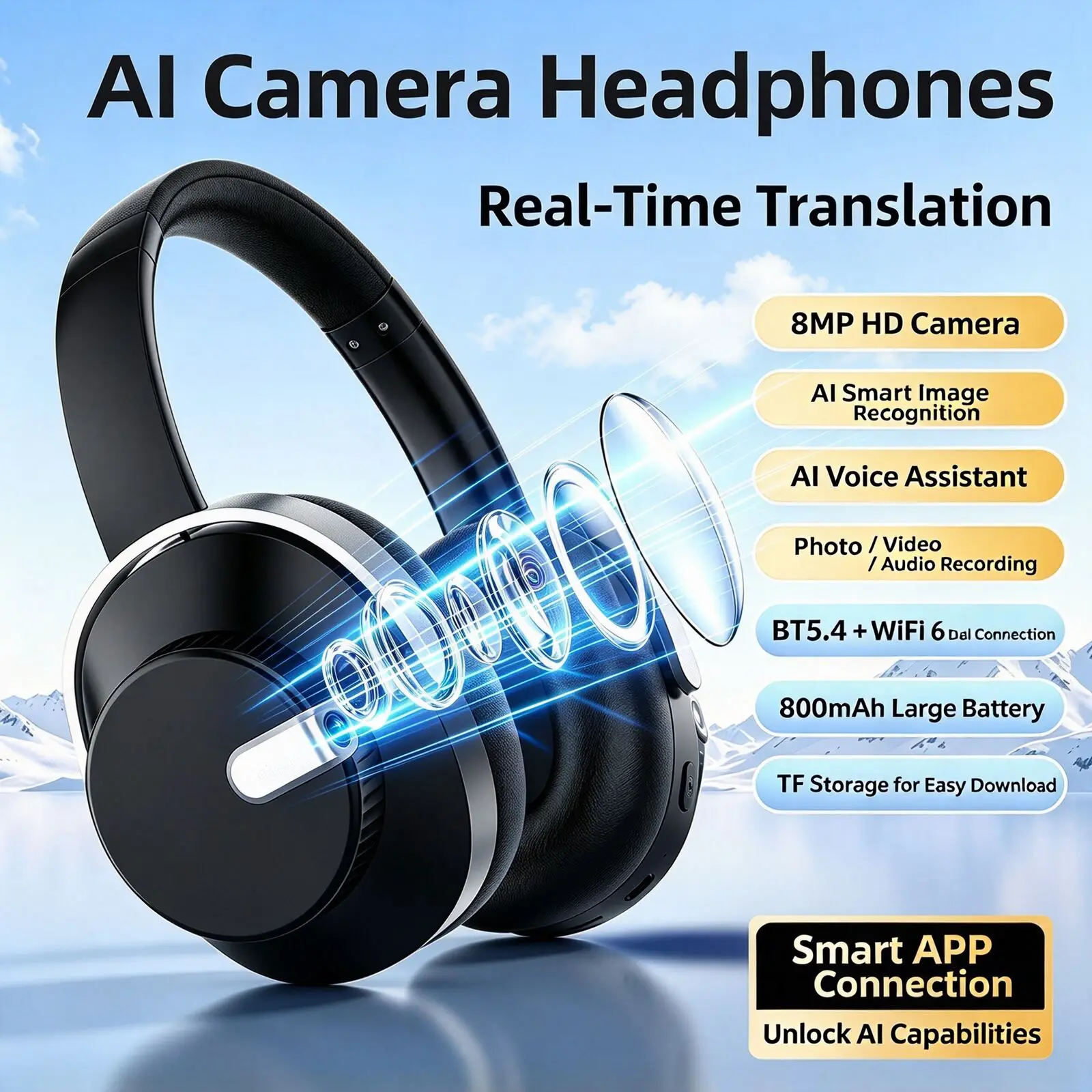 Over Ear Headphones Camera 2 in 1 AI Translation 8MP Photo Video Recorder BT5.4 WiFi6 40mm HIFI 800mAh TF Card Smart Headset