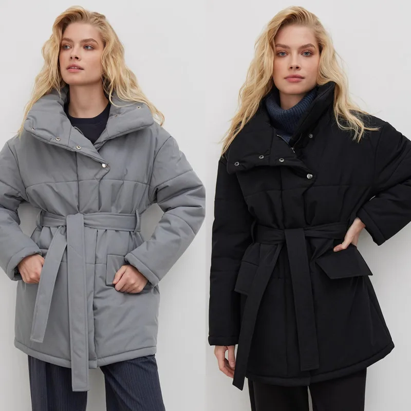 

Elegant Belt Irregular Mid Length Cotton Jacket Stand Up Collar Lace Up Solid Color Jacket Fashion Women's Warm Cotton Clothing