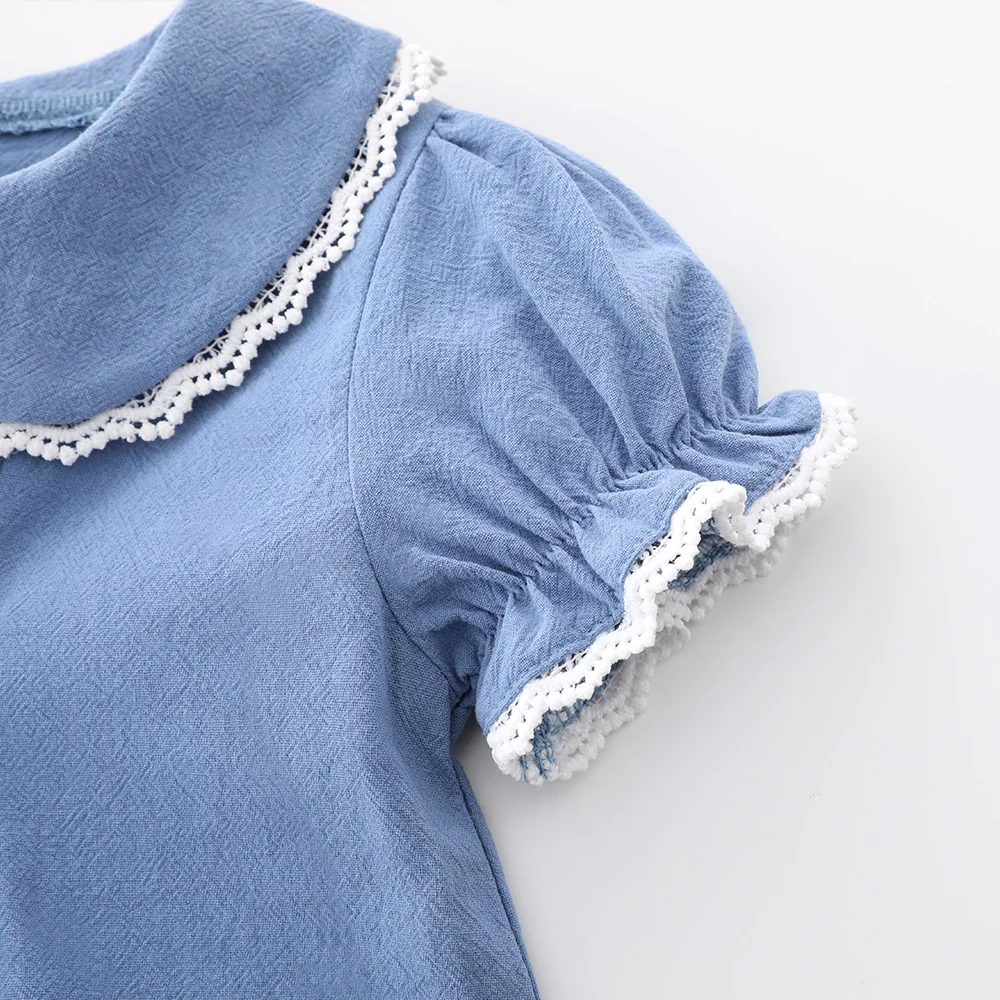 Cute Baby Girl Lace Trim Peter Pan Collar Puff Short Sleeve One Piece Blue Dress