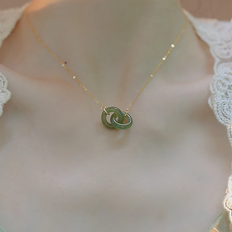 Classic Circles Interlock Jade Pendant Necklace Women Jewelry Luxury 925 Sterling Silver Clavicle Chain Necklace Female Gift