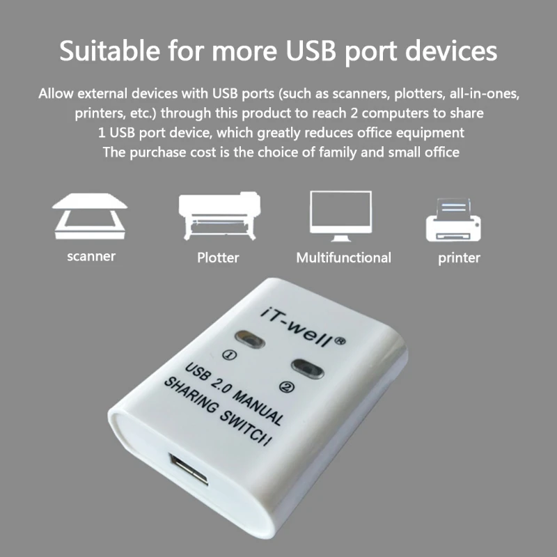 IT-Well USB Printer Sharing Device, 2 in 1 Out Printer Sharing Device 2-Port Manual KVM Switching Splitter Hub Converter