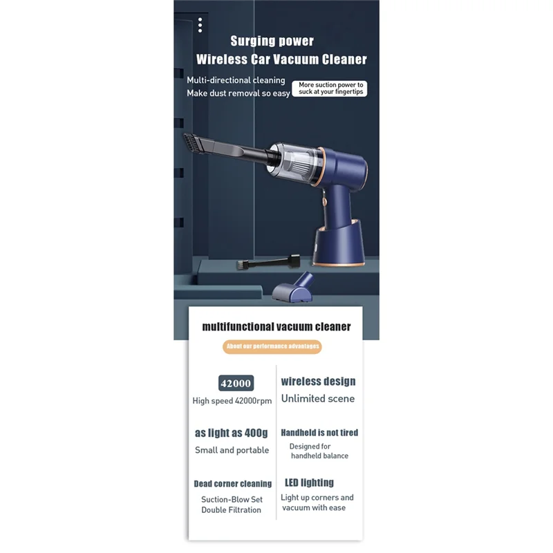HOT 80000Pa Car Vacuum Cleaner Wireless Charging Compressed Air Handheld High-Power with HEPA Filter for Home Office Car -B