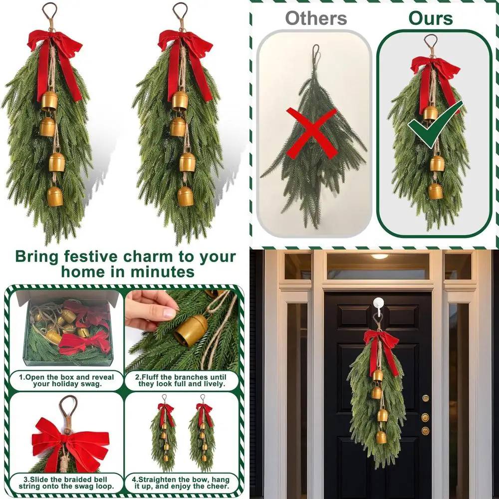 

28 Velvet Ribbon & Bells Christmas Teardrop Swag, Faux Pine Door Swag, and Greenery Wreath for Indoor/Outdoor Holiday Decor