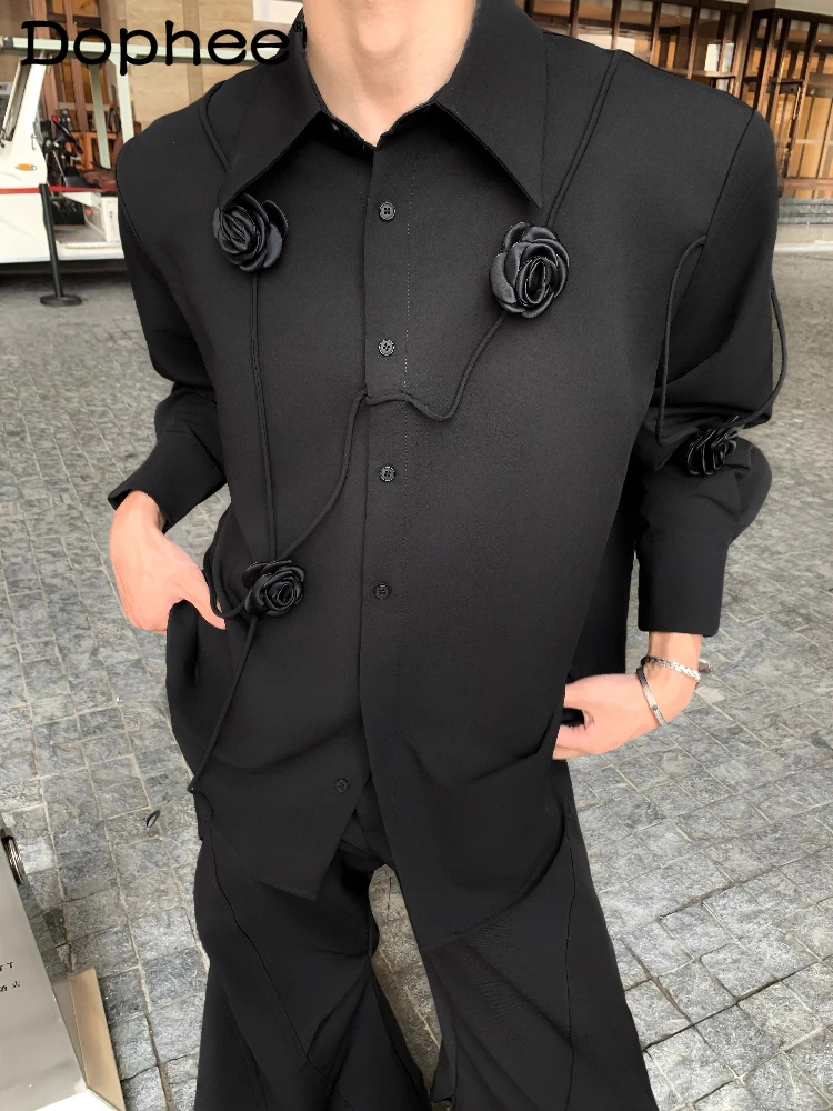 

Men's 2025 Autumn New High-End Elegant Long-Sleeve Shirts Fashion Light Luxury Rose Design Tops Padded Shoulder Floral Shirts
