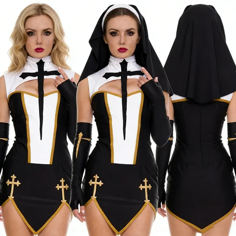 

2026 Women's Nun Cosplay Costume Carnival Halloween Fantasia Fancy Dress Girls' Skirt Halloween Underwear Skirt Set Lingerie