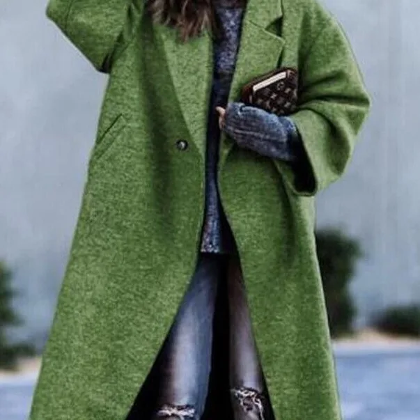 Warm Woolen Coat Casual Long Pure Color Women's Autumn Winter New Style Outdoor Windproof V-neck Coat for Young Ladies