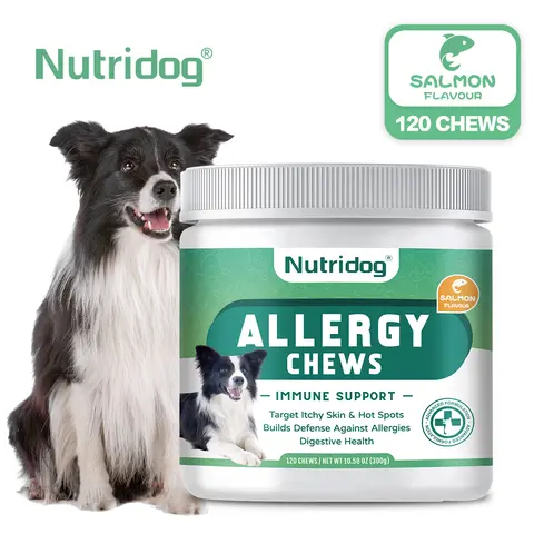 NUTRIDOG Dog Anti-Allergy Chews Salmon Flavor Soft Chew Allergy Relief Skin Health Coat Defense 120 PCS/Bottle