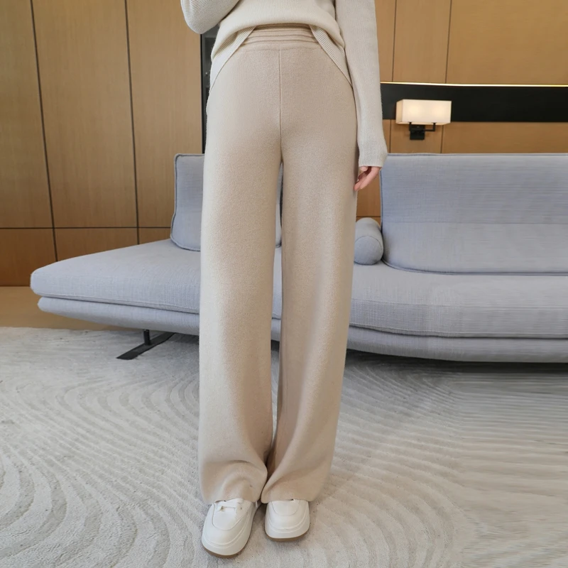 New Women\'s Wide Leg Pants for Autumn and Winter High Waist, Drop Feeling Thickened Straight Leg Pants, Pure Wool Knitted Pants