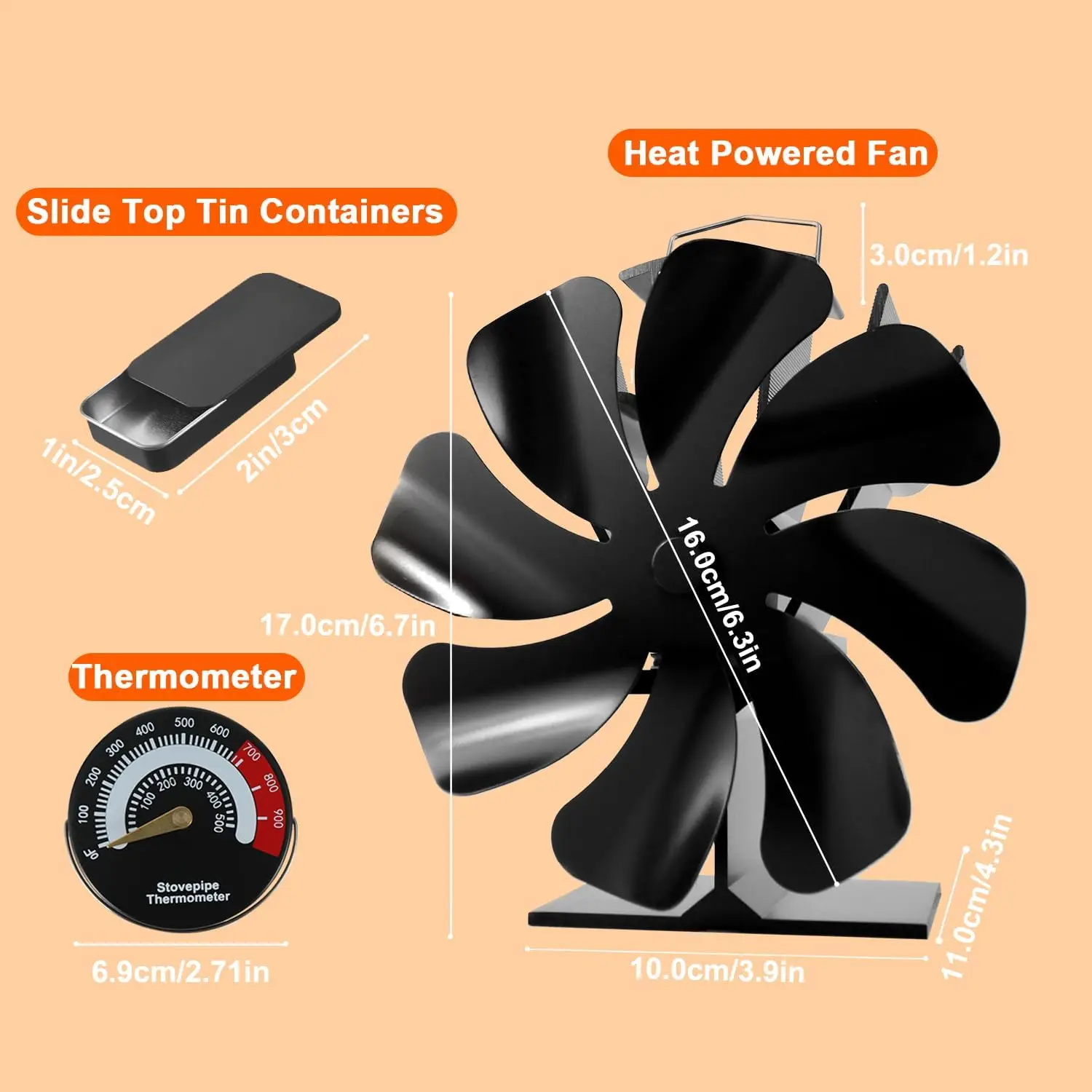 Heat-Powered Wood Stove Fan, 8-Blade Fireplace Fan with Thermometer & Aroma Pod