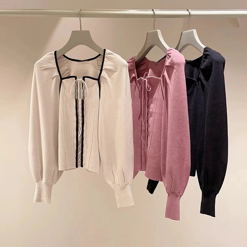 

Sweet Pre-Spring Knitwear Top with Bow-Tied Lantern Sves And Square Collar New Arrival Women's Faion Commute Sle Long ...