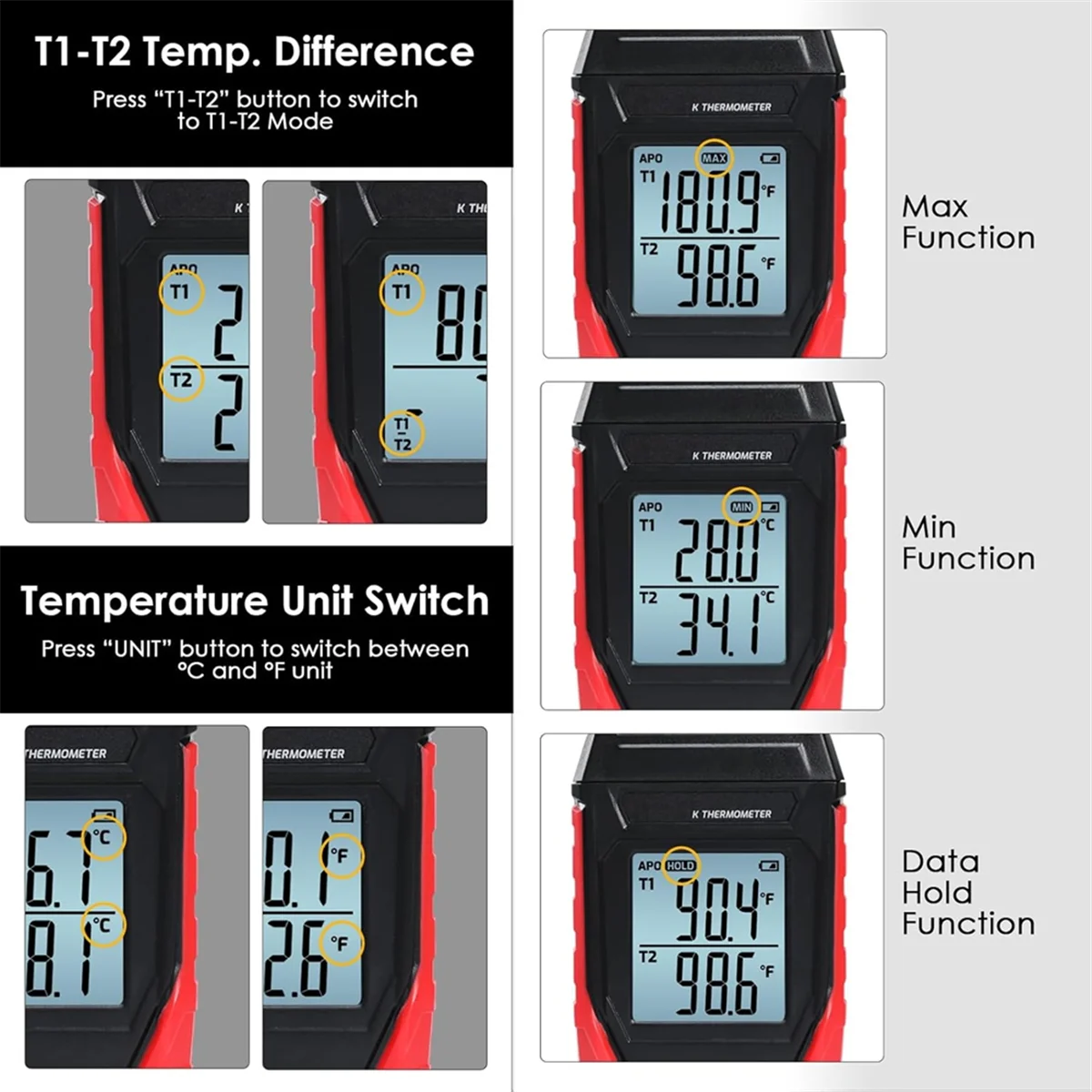 

AA25 Digital Thermocouple-Thermometer Dual Channel K Type Thermometer(-328-2501℉) LCD Display Temperature-Tester for K Type