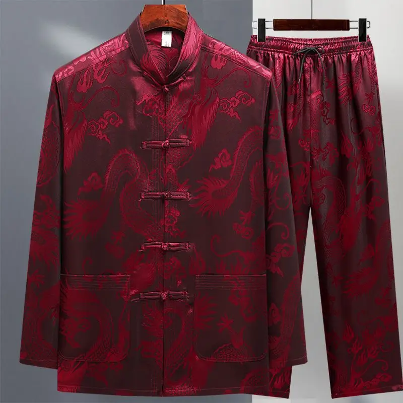 Men's Casual Shirt Set Two-piece Set with Stand-up Collar and Print, for Middle-aged and Elderly Men Relaxed Fit