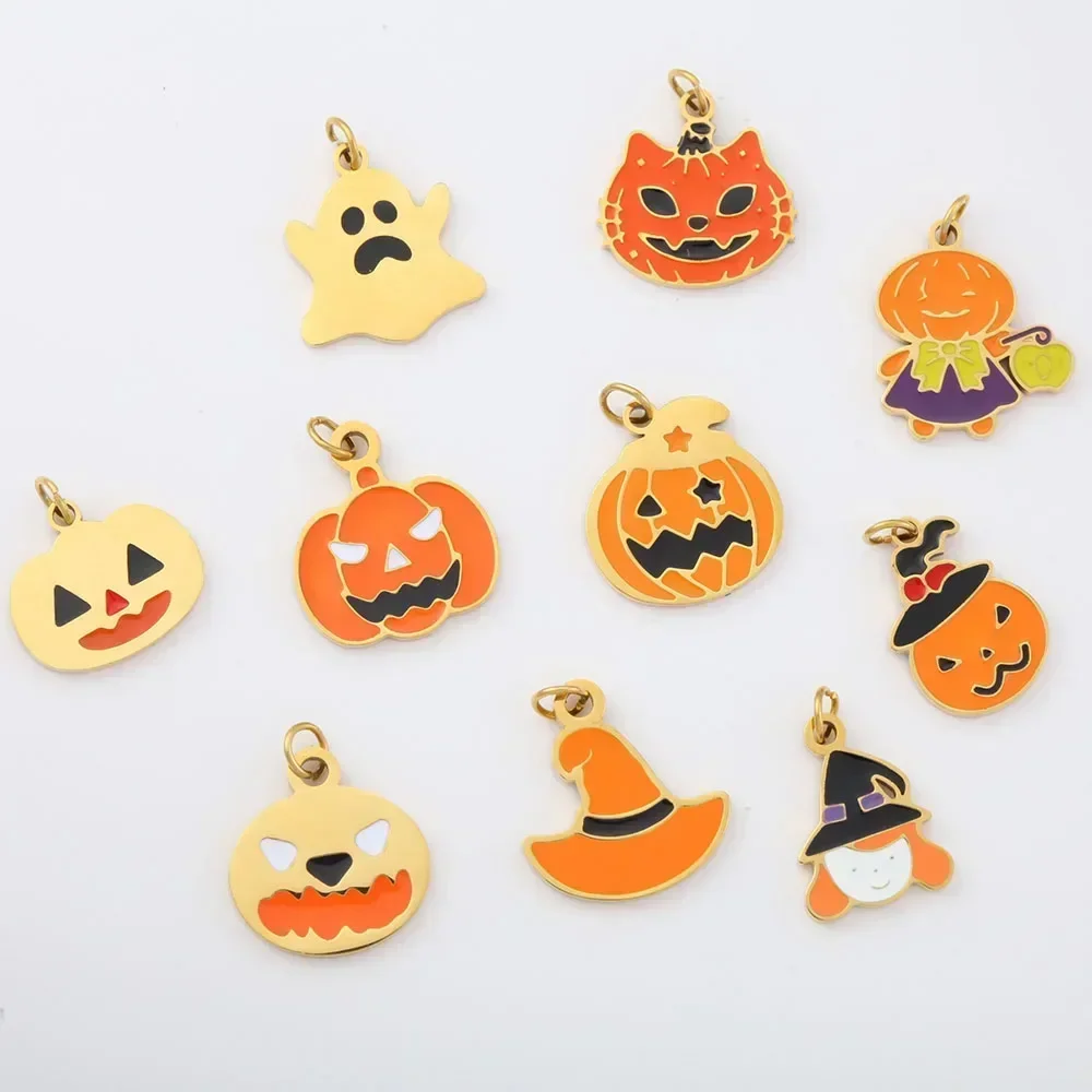 10Pcs/Lot Colorful Enamel Halloween Pendant Pumpkin Grave Ghost Bat Vampire Castle Charm Stainless Steel Handcrafted Accessories