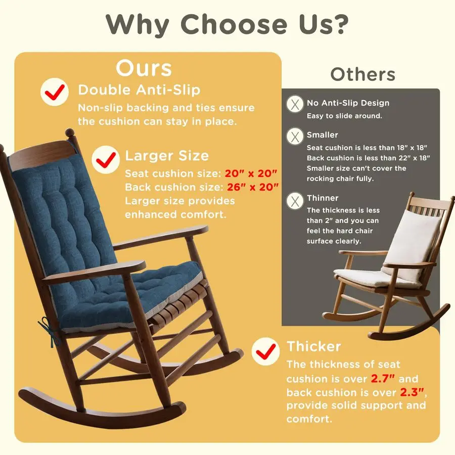 Chair Cushion Indoor Extra Large Rocking Chair Pads High Back Non Slip Textured Seat and Back Cushion Set with Ties for Wooden R
