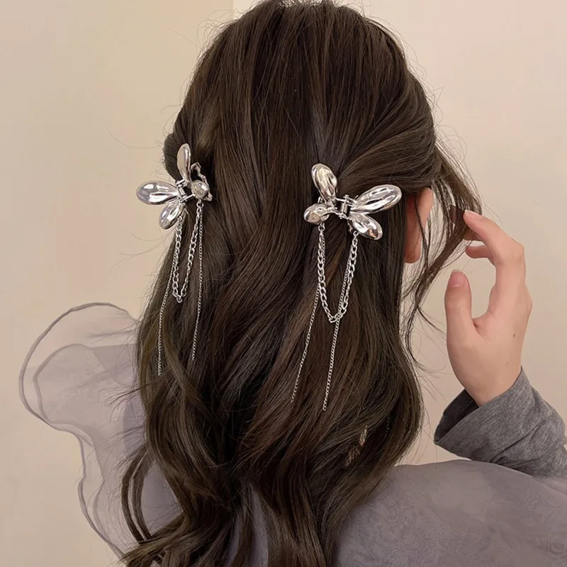 Y2K Metal Chain Butterfly Hair Claw Barrettes Ladies Small SharkClip Horsetail Hairpin Hair Accessories for Women Headwear