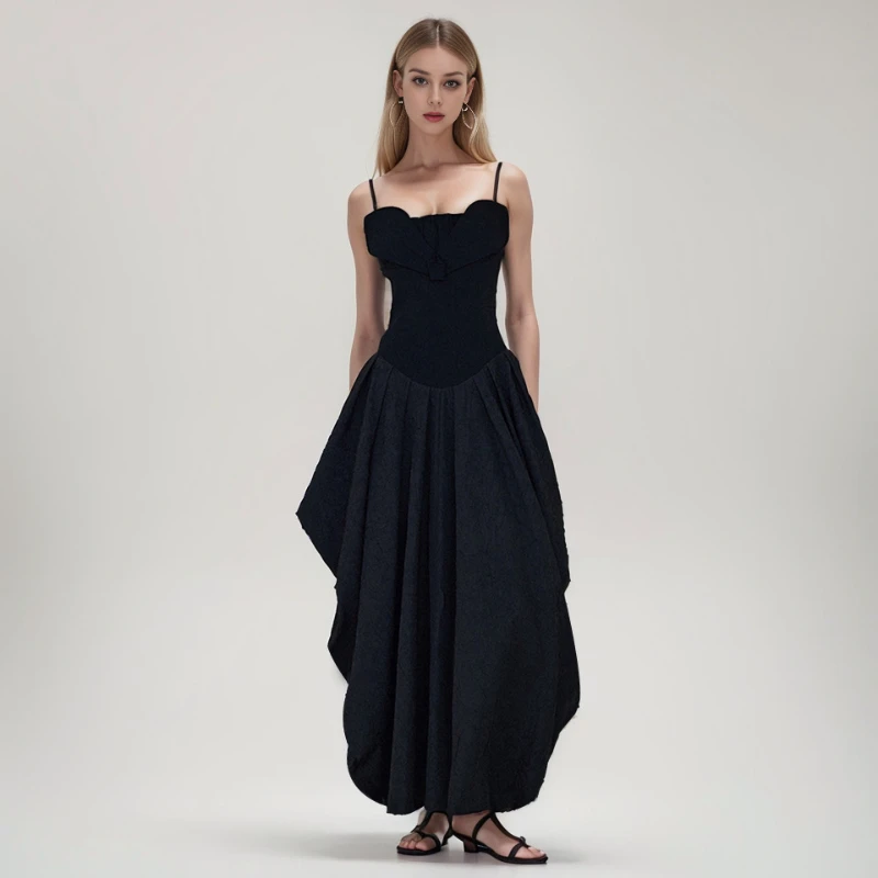 Abito elegante con bocciolo di fiore in stile vintage Abito lungo dal design francese senza maniche Moda femminile Nuovo arrivo transfrontaliero