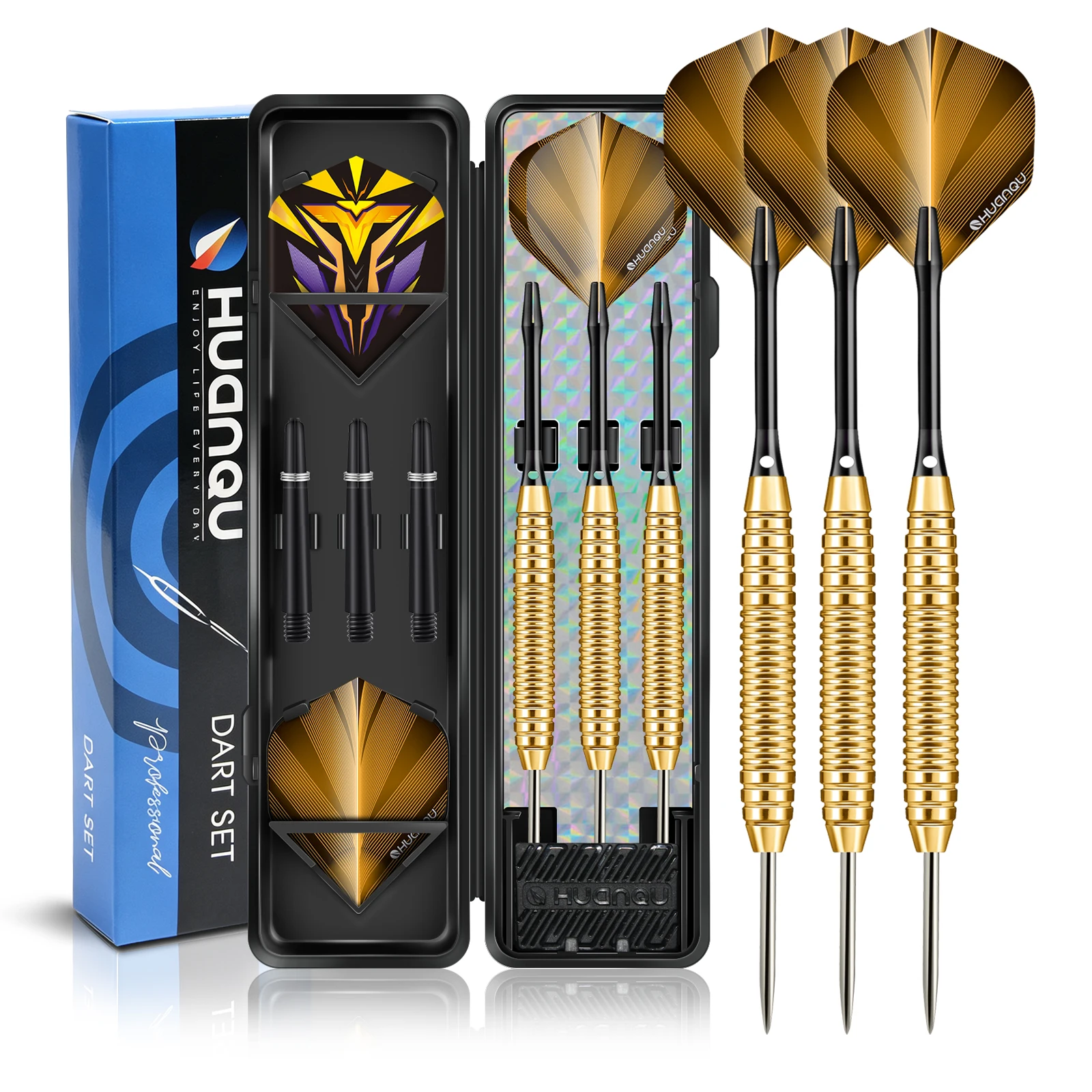 HUANQU 3PCS 20g Iron Darts Set, Ring Grip Barrel, 2BA Thread, Standard Flights, Storage Case, Adult Practice, Home Party Game