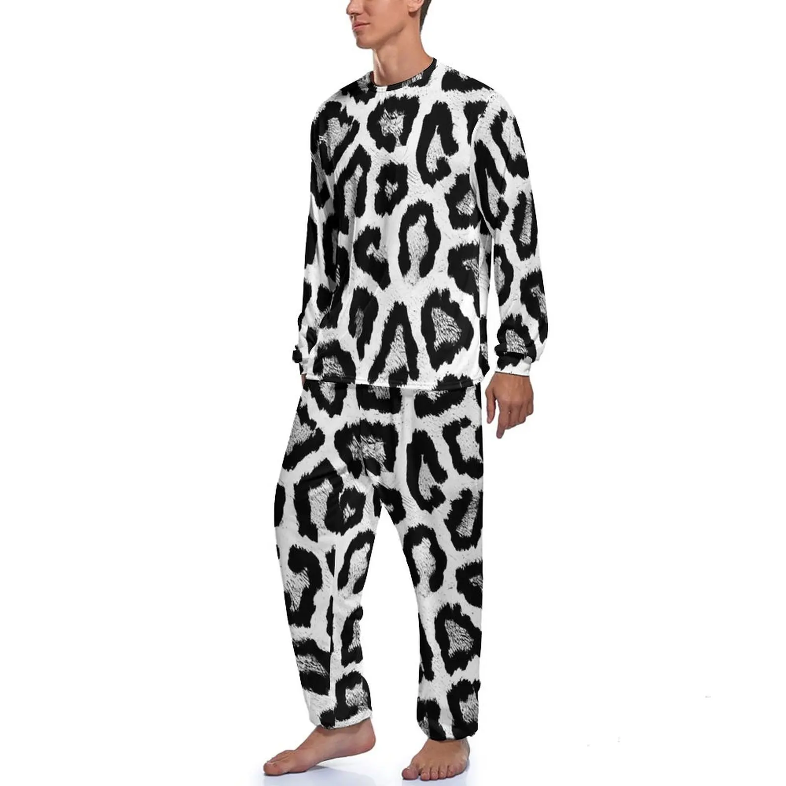 Black And White Leopard Print Pajamas Autumn  Casual Nightwear Men 2 Pieces Graphic Long-Sleeve Trendy Pajama Sets