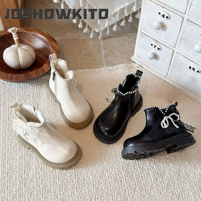 JGSHOWKITO Kids Fleece Lined Boots Winter Girls Princess Platform Ankle Boots Sweet Lace Elegant Children Fashion Cotton Boots