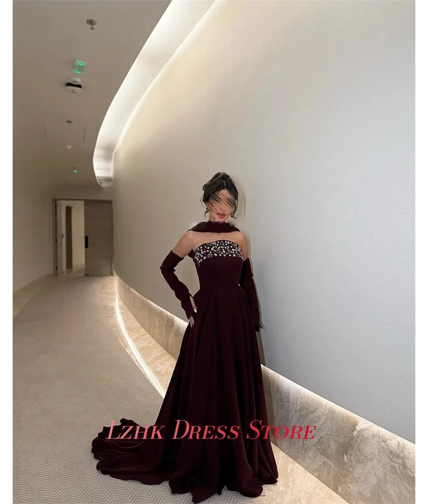 맞춤형 모던 저지 A라인 탈부착 가능한 소매 크리스탈 이브닝 드레스 섬세한 민소매 스트랩리스 플로어 기장 프롬 드레스