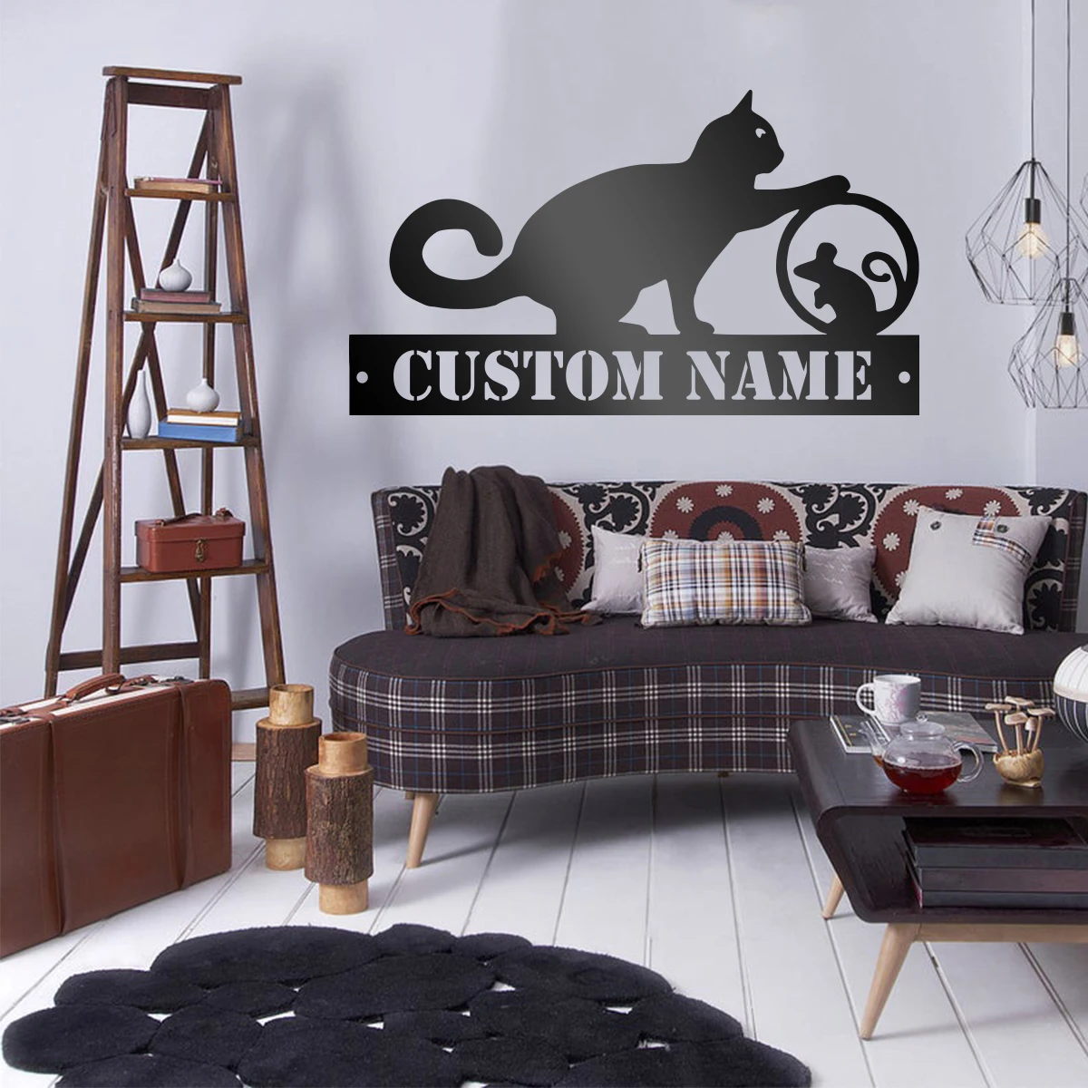 

Cat catching mice Personalization custom name Metal Wall Art Sign Farmhouse Hanging Decor Black Cutout Plaque Home Office