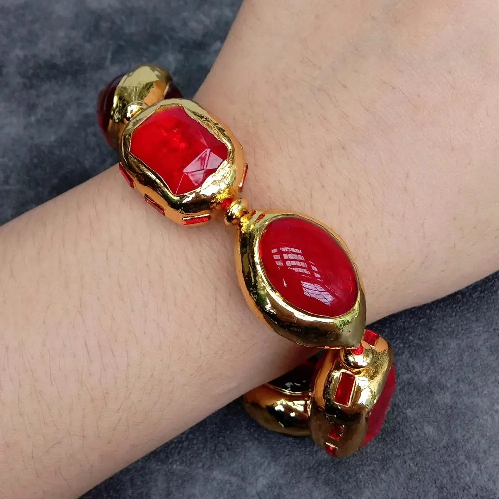 YYGEM Rectangle Oval Shape Red Gemstone Bracelet Gold Plated Edged Beaded Bracelet