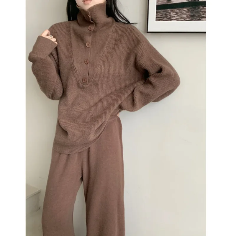 Autumn Winter Knitted Pants Sets Korean Casual Turn Down Collar Knitting Sweater+high Waist Wide Leg Pants Sets Women Tracksuits