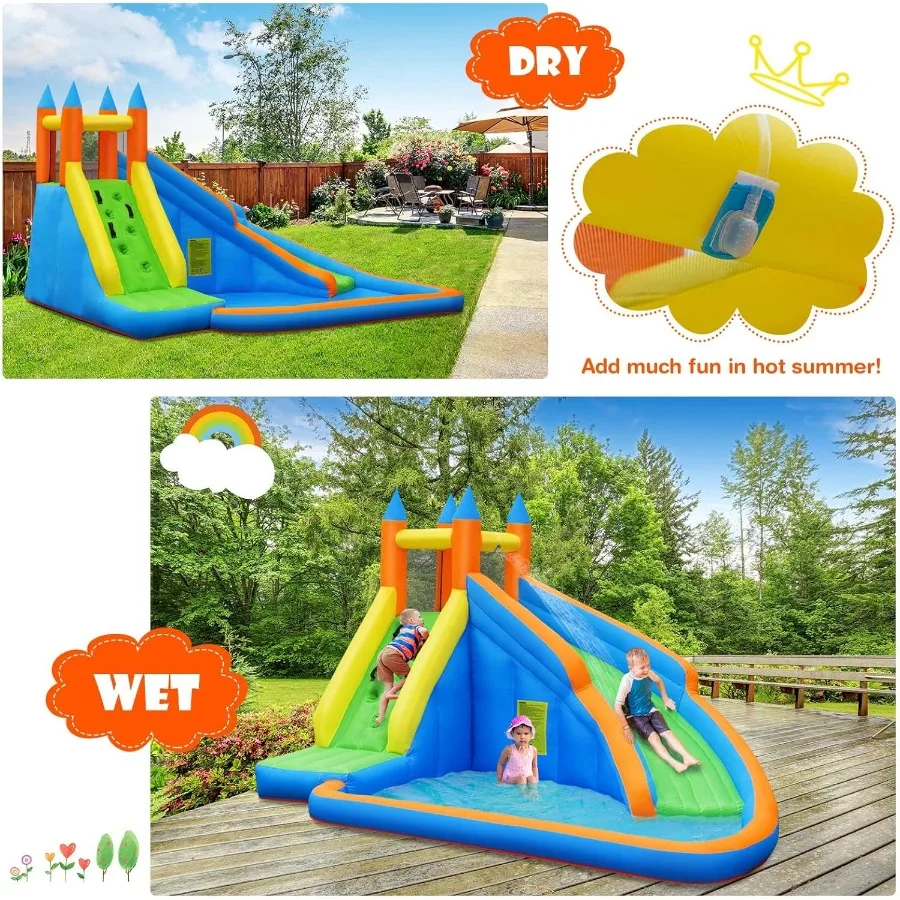 Aufblasbare Hüpfburg für Kinder, aufblasbare Wasserburg mit Rutsche, Kletterwand, Spritzbecken, aufblasbarer Türsteher mit Luftgebläse, Tragetasche B