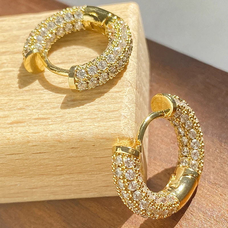 Luxury Micro Double Sided Inlay Zirconia Hoop Earrings For Women Fashion Unique Gold Color Hollow Hip Hop Jewelries