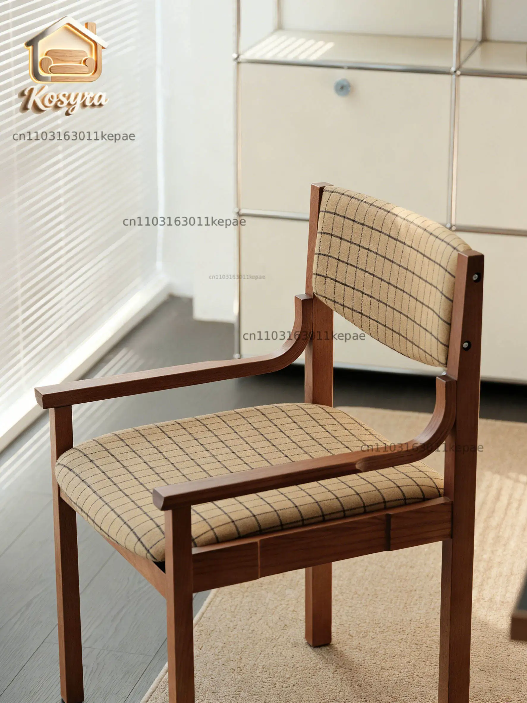 Medieval style household solid wood dining chair single soft bag plaid armchair French retro casual chair backrest desk chair