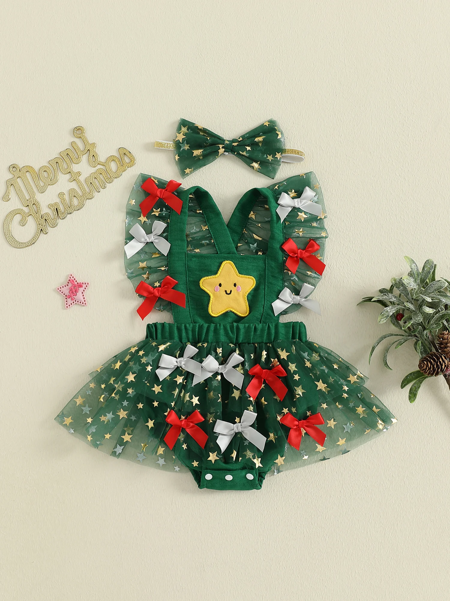 

Christmas Baby Girl Outfit Sparkling Star Mesh Romper Dress with Flying Sleeves and Matching Bow Headband - 2 Piece Set