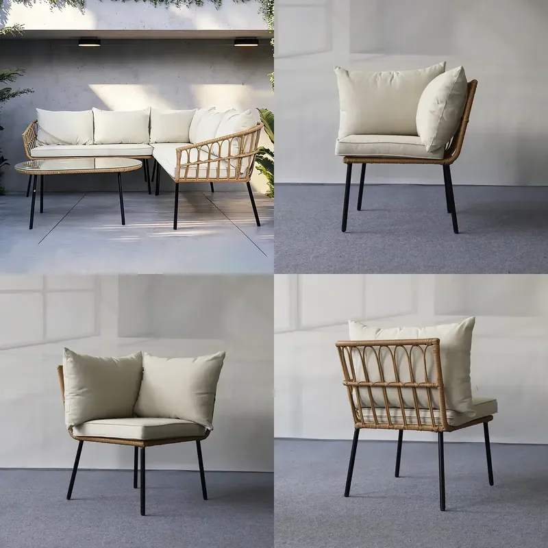 for Modern Outdoor Wicker Sofa Set L Shaped with Oval Glass Coffee Table and Cream Cushions for Patio Garden Relaxation