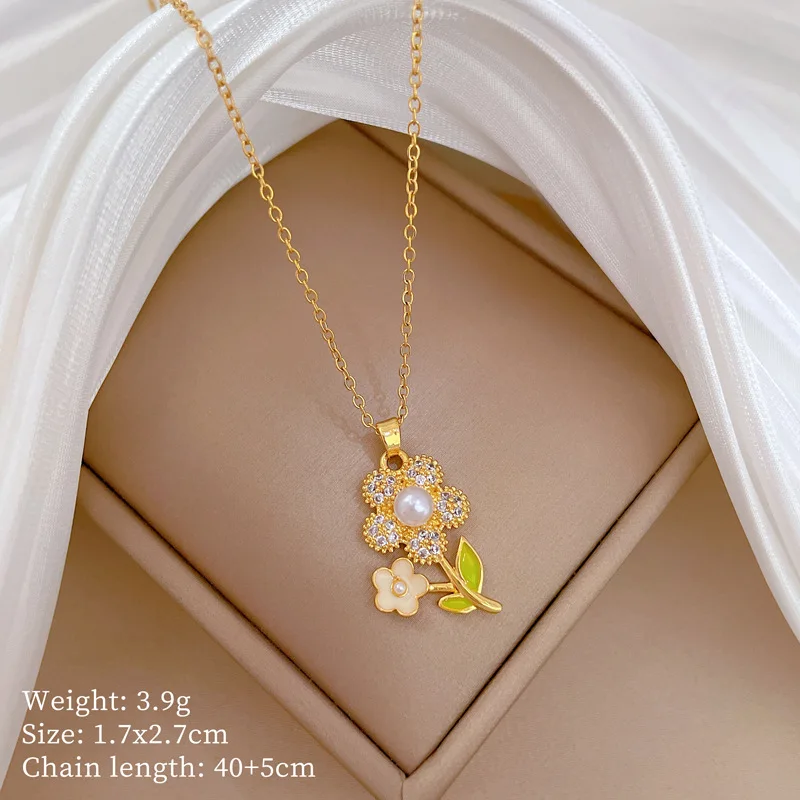 DIEYURO 316L Stainless Steel Zircon Sunflower Plant Pearl Pendant Necklace Earrings Set Women New Trend Non-fading Jewelry Gift