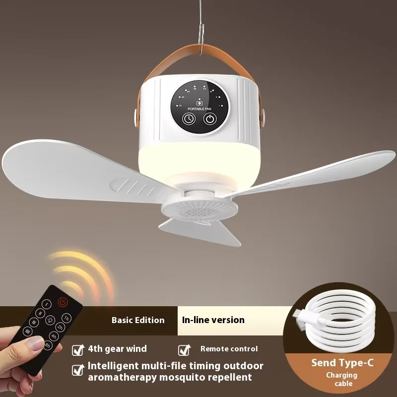 Camping Fan, Battery Operated Ceiling Fan With Light, USB Rechargeable Hanging Camping Fan With Holder For Outdoor