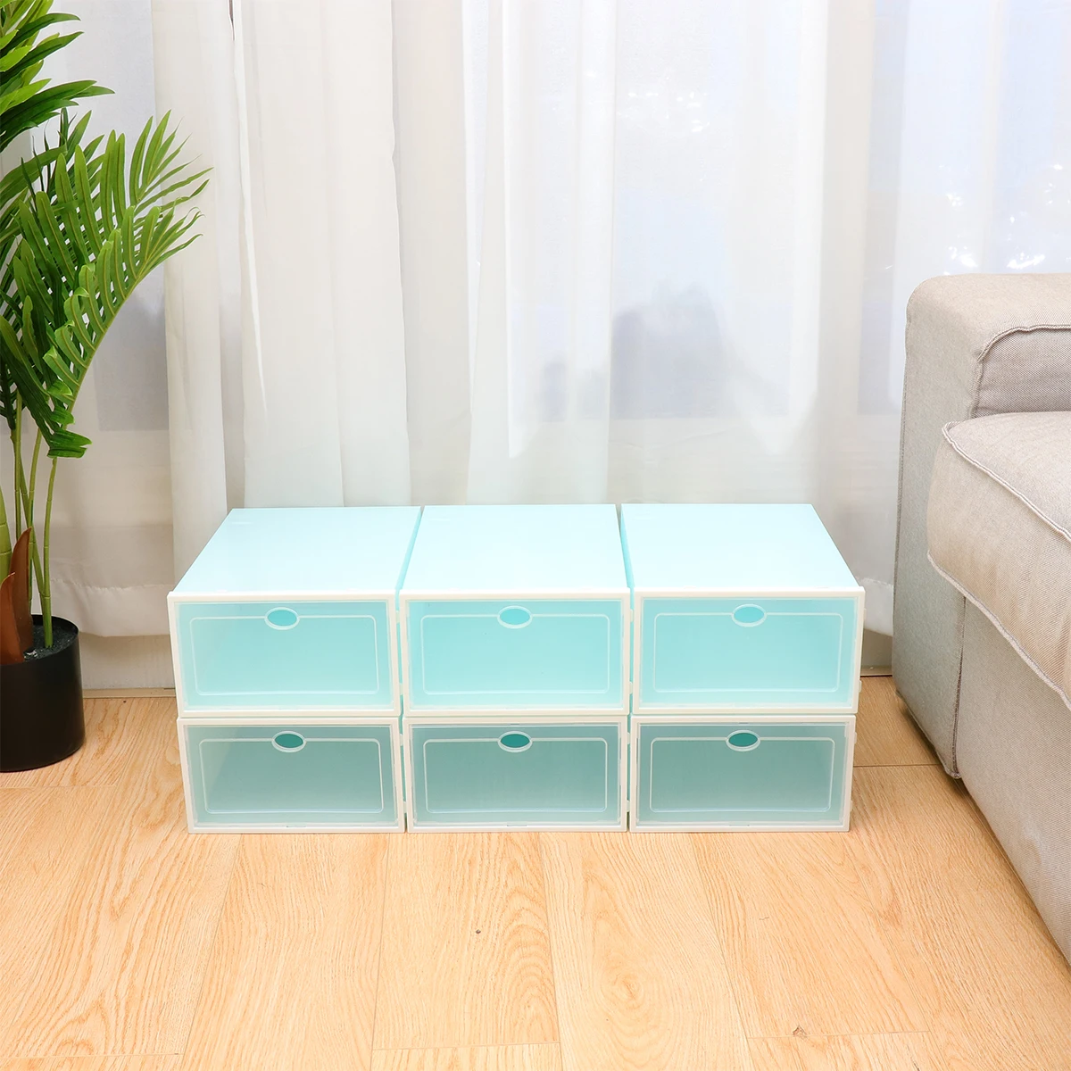 

6 PCS Thickened Transparent Shoe Box Blue and White Container Stackable Storage Bins Women's