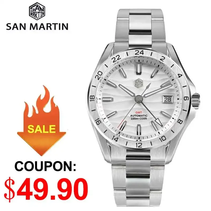 

San Martin SN0129 39mm Men Watch GMT NH34 Automatic Mechanical BGW-91 Luminous100m Waterproof Watches with Date Windows reloj