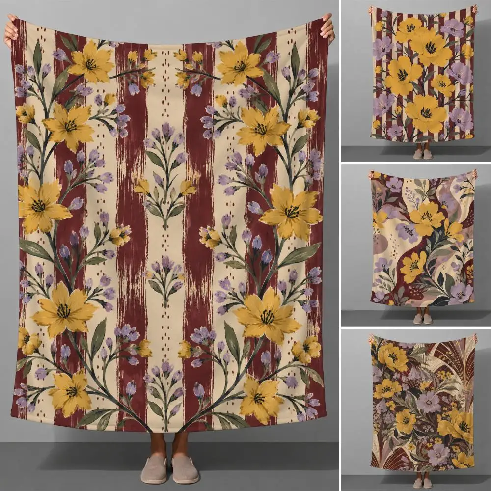 Vintage Floral Boho Purple Yellow Botanical Art Throw Soft Flannel Throw Blanket for Couch Bed Sofa Warm Cozy All Season