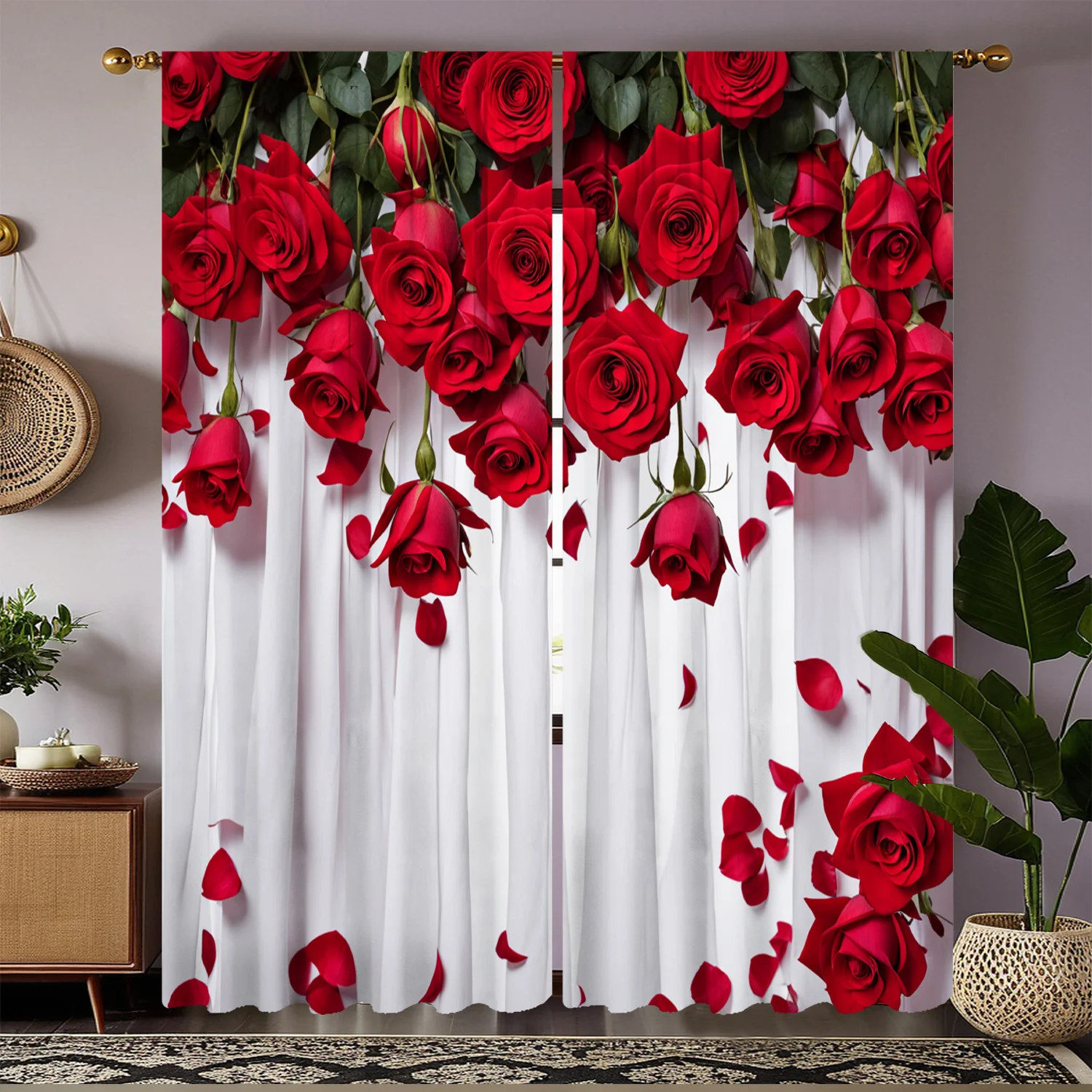 Blooming Rose Curtains 2-Pack, HD Digital Print Falling Petals Gold Hook Rod Pocket for Living Room Bedroom Study Decor
