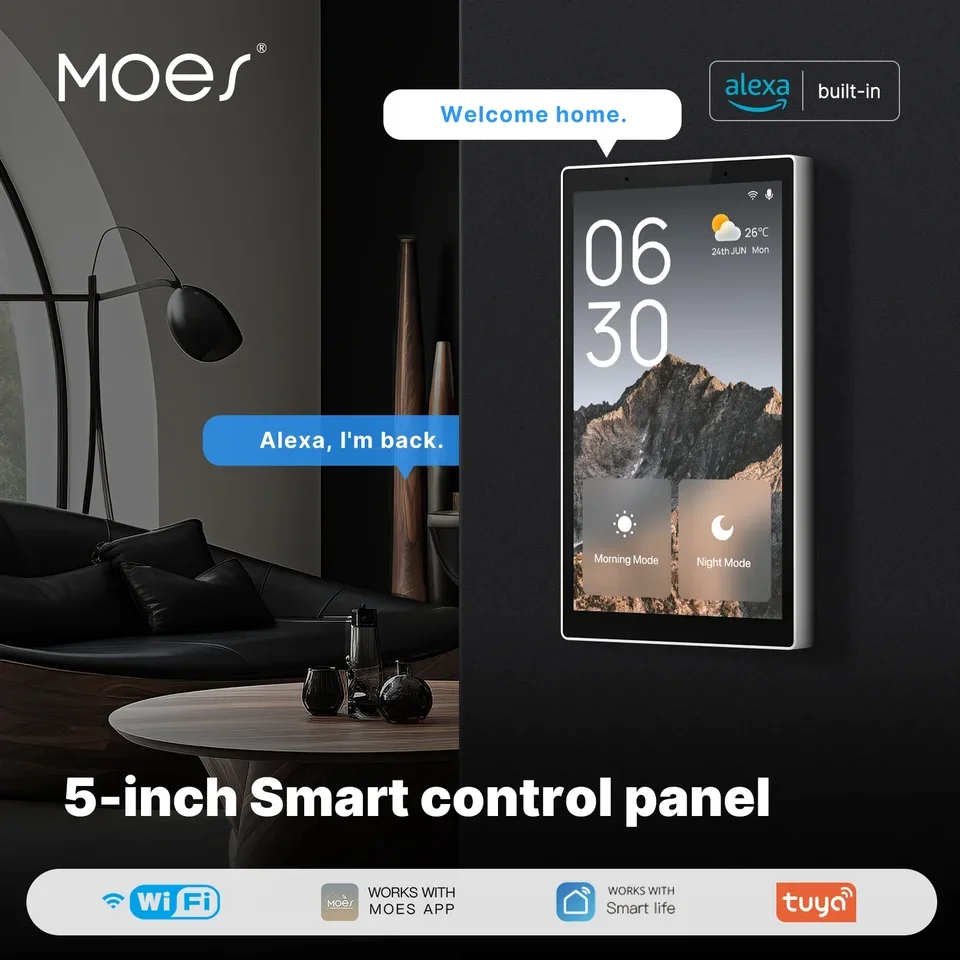 MOES 5-Inch Touch Screen Bar US Center WiFi Smart Control Panel Alexa Voice ZigBee Gateway OLED Android Scene Built-In Control