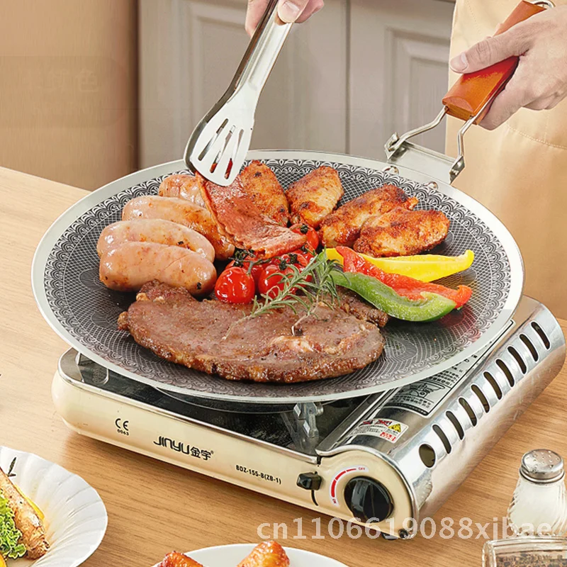 

Peacock Pattern 316L Stainless Steel Non-Stick Grill Plate for Outdoor Camping Picnic Korean Teppanyaki round Shape Portable
