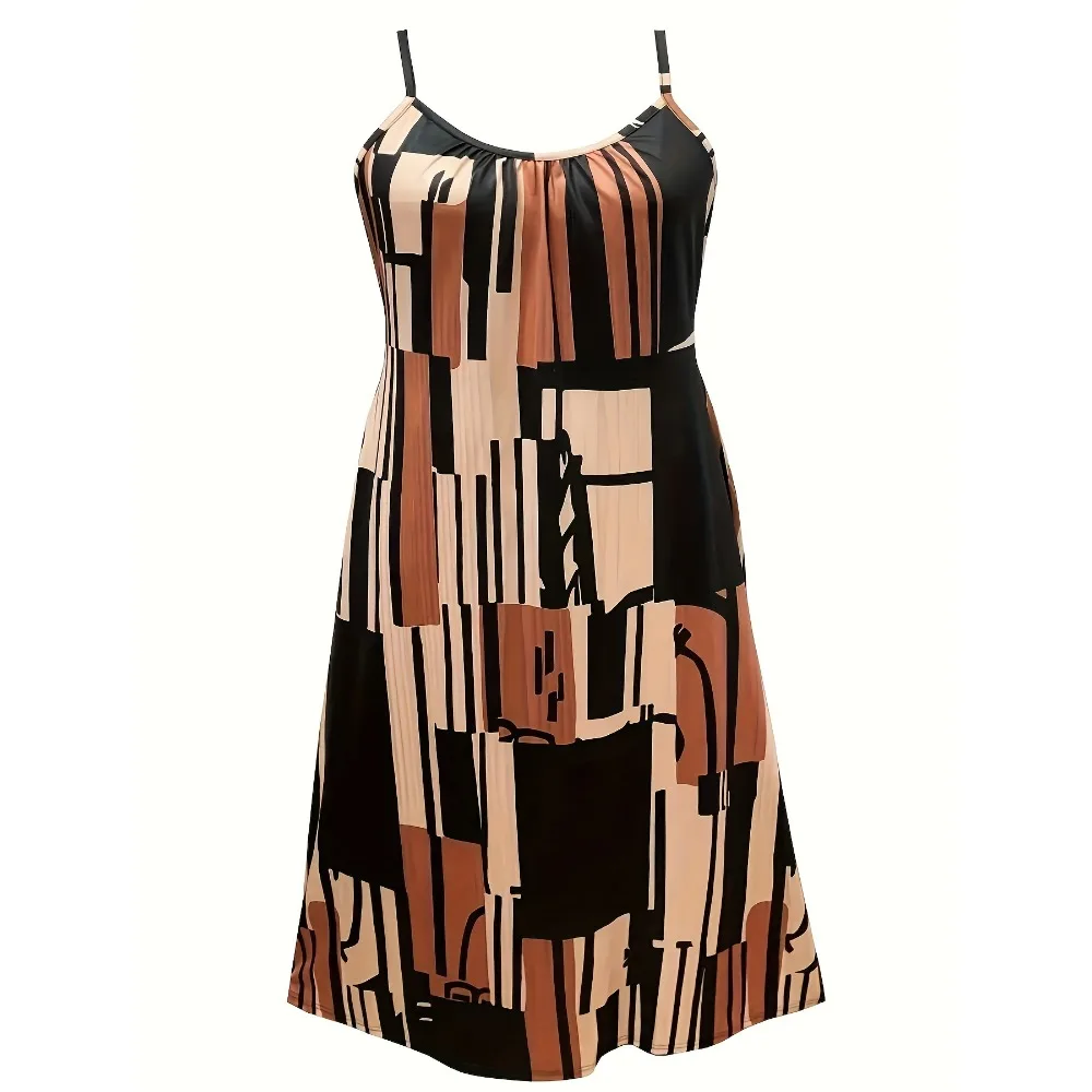 Plus size 1xl-5xl moda feminina l outono colorblock impressão geométrica vestido longo senhoras cami casual tripulação pescoço sem mangas vestido
