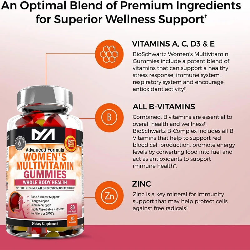 

Women's multivitamin gummies contain A, C, B6, B12, D, and E vitamins for immune support - for bone, breast, skin, and joints